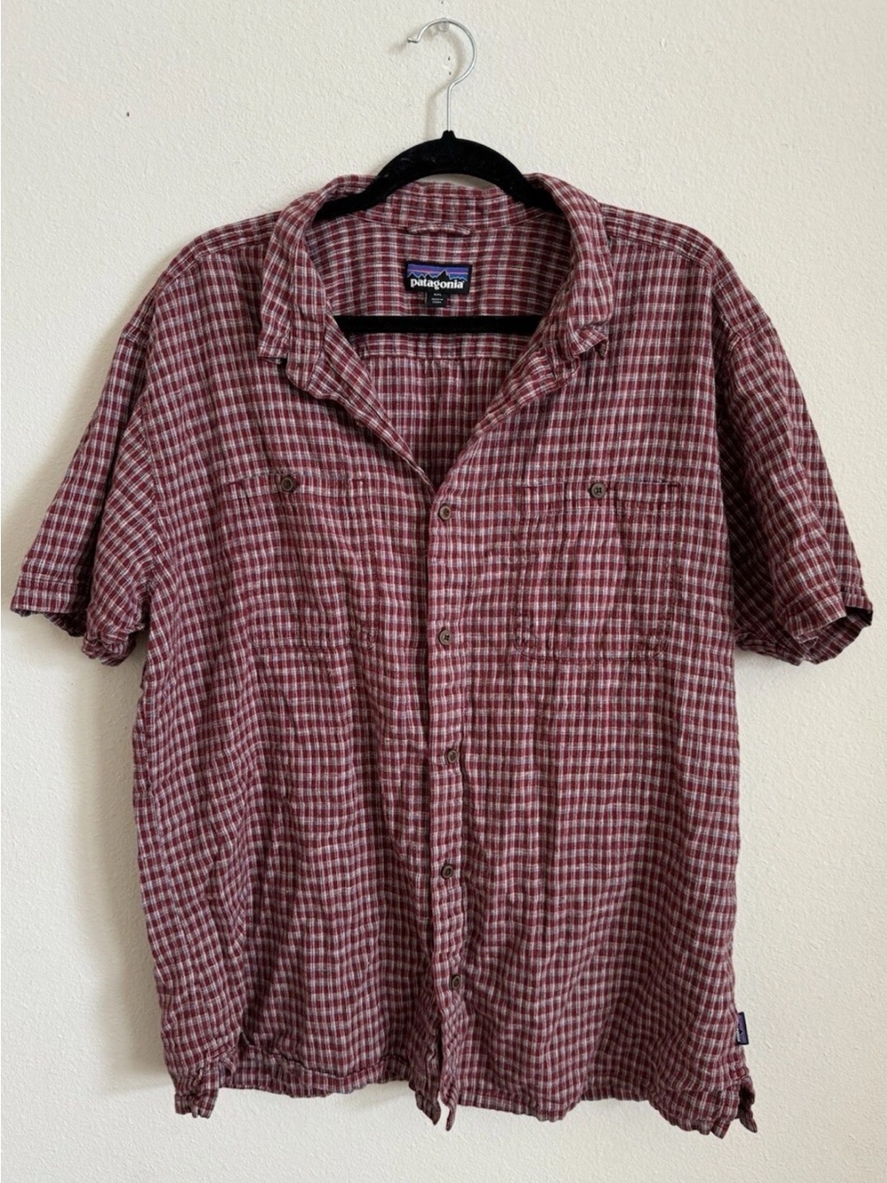 Patagonia Red Plaid Button Down Short Sleeve Shirt Hiking Camping Men’s 2XL